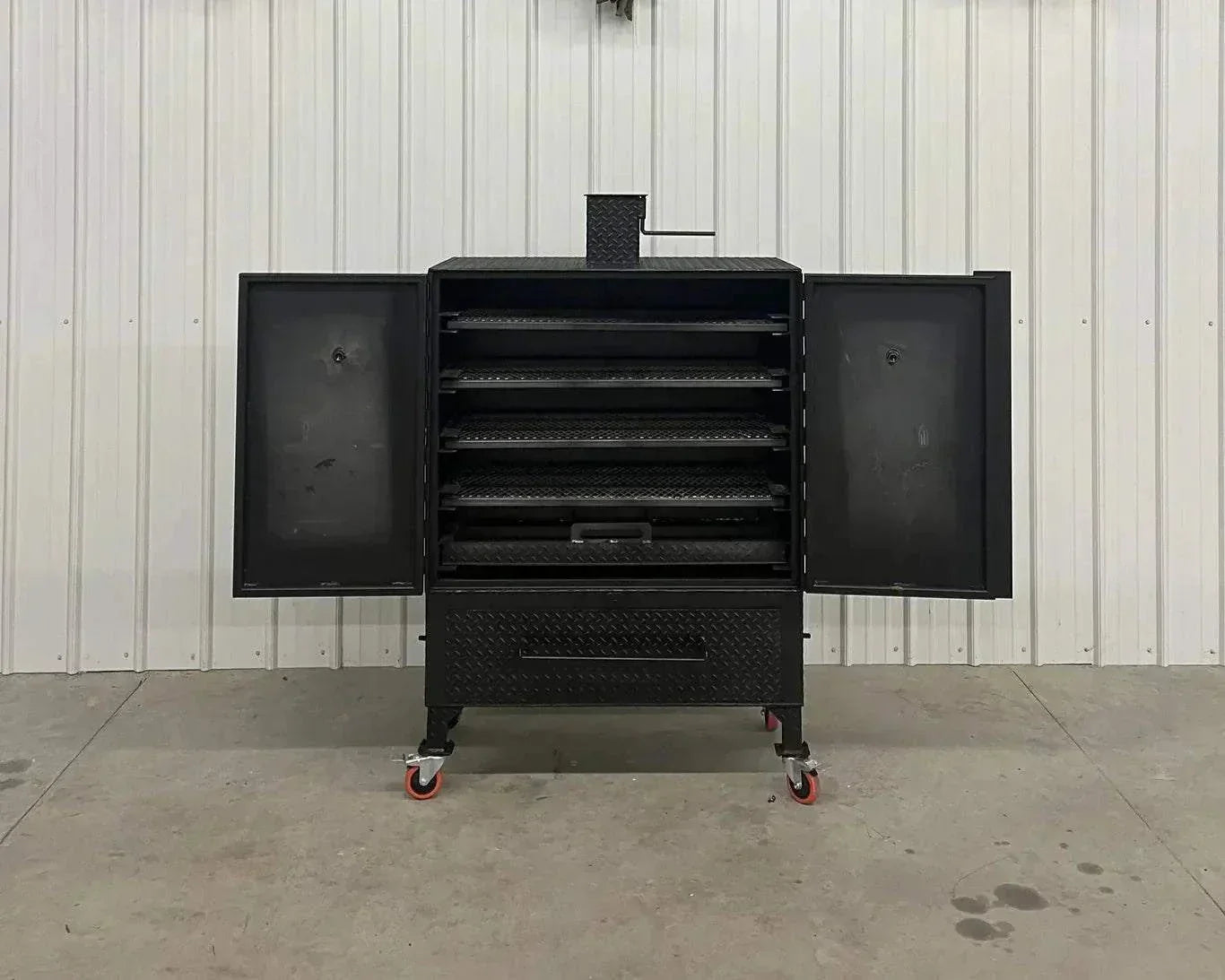 42 Cabinet Combo Smoker with dual doors open, showing multiple racks and wheels for mobility, heavy steel construction for versatile wood and charcoal smoking.