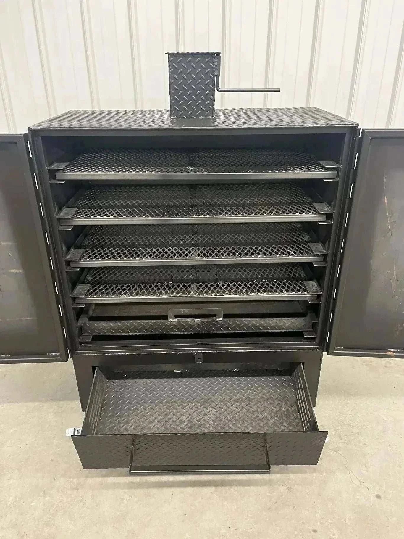 42 Cabinet Combo Smoker with heavy steel construction, multiple racks, grease pan, and ash pan for versatile wood and charcoal smoking