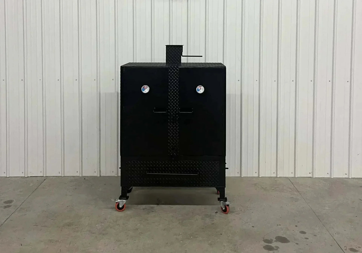42 Cabinet Combo Smoker with dual gauges, heavy steel construction, and caster wheels for mobility