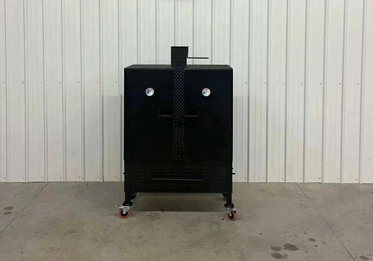 42 Cabinet Combo Smoker in black solid steel with wheels and dual temperature gauges for wood and charcoal smoking