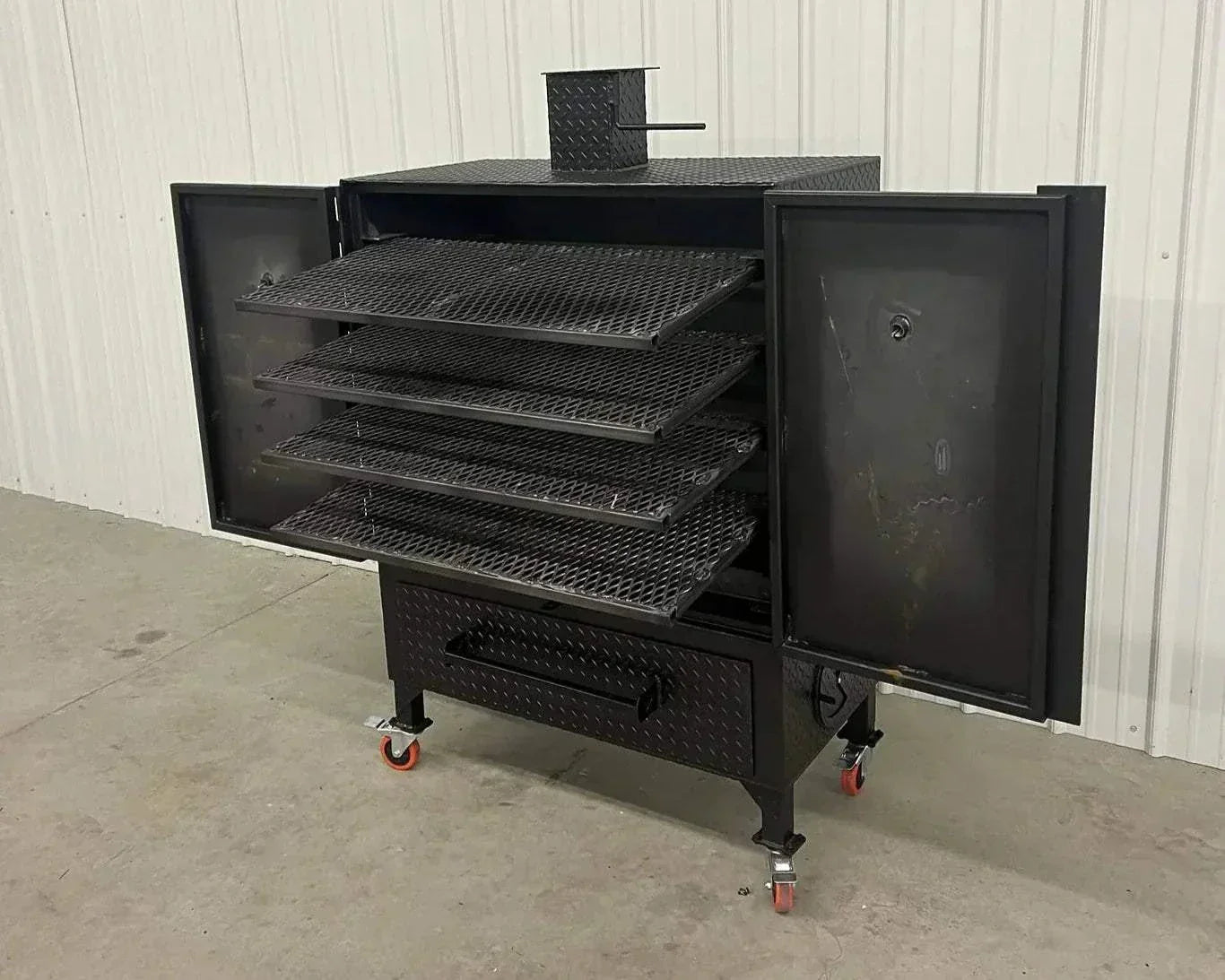 42 Cabinet Combo Smoker with multiple cooking racks, heavy steel construction, and caster wheels for portability.