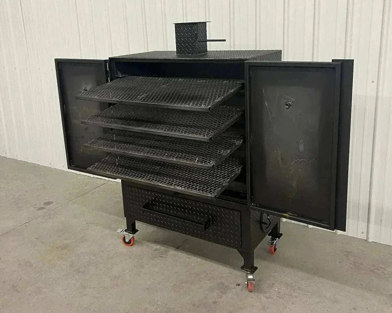 42 Cabinet Combo Smoker with multiple grill racks, solid steel construction, and caster wheels for mobility.
