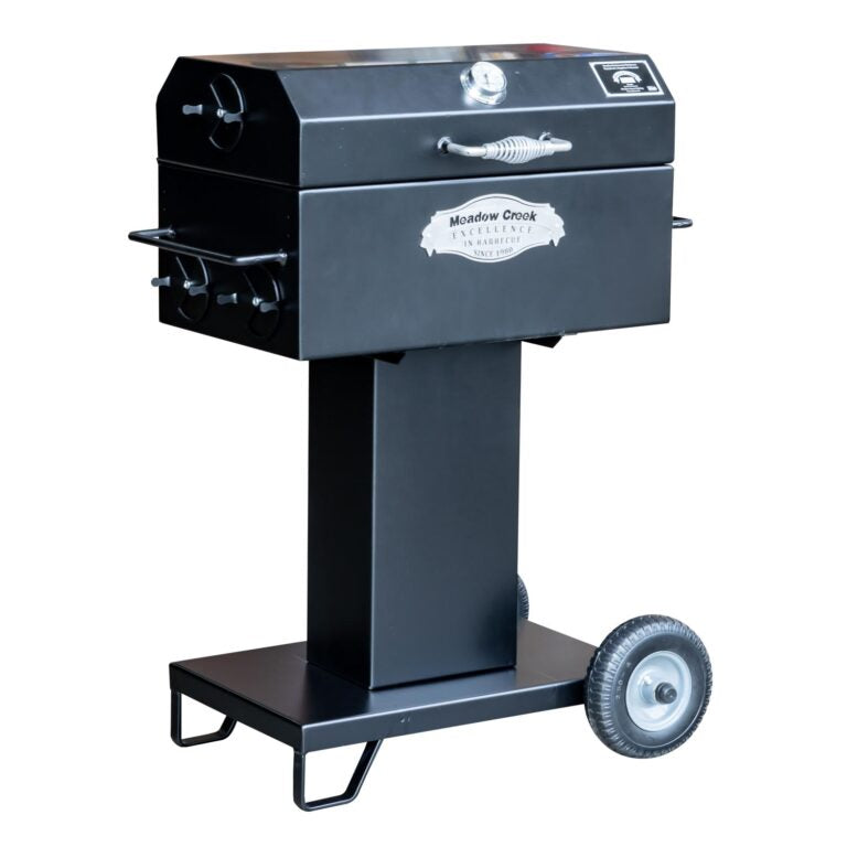 Black barbecue grill with wheels on a white background