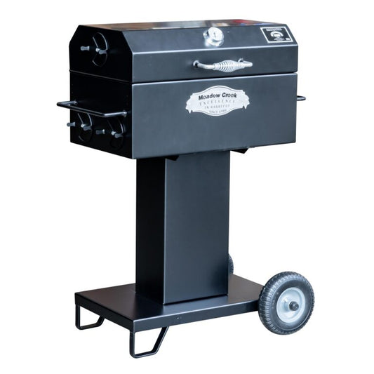 Black barbecue grill with wheels on a white background
