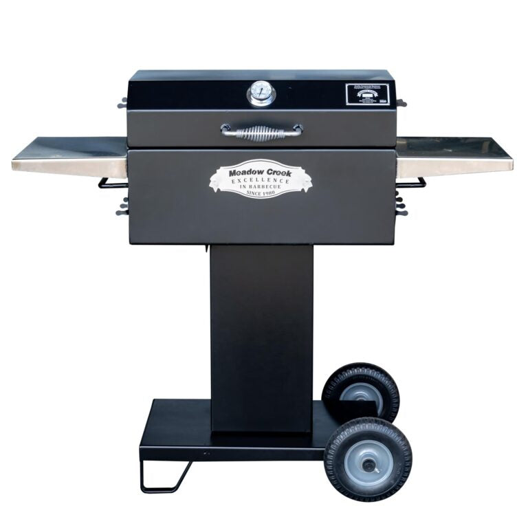 Black barbecue grill with wheels on a white background