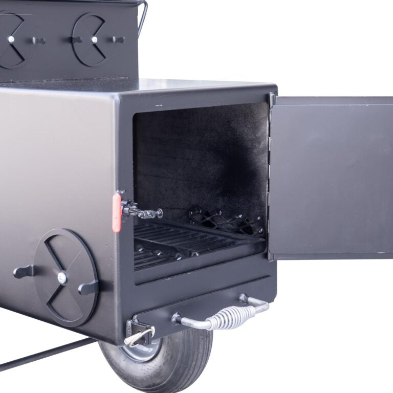 Portable barbecue grill with open lid on a white background