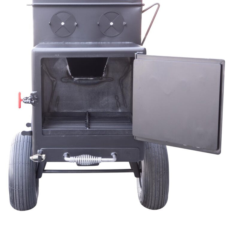 Black barbecue grill with open lid on a white background