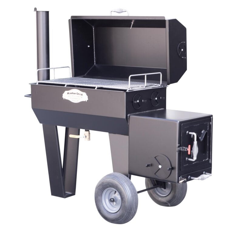 Black barbecue grill with wheels on a white background