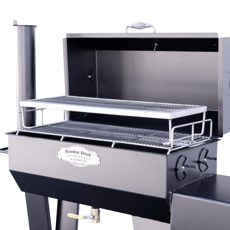 Stainless steel barbecue grill with a brand logo on a white background