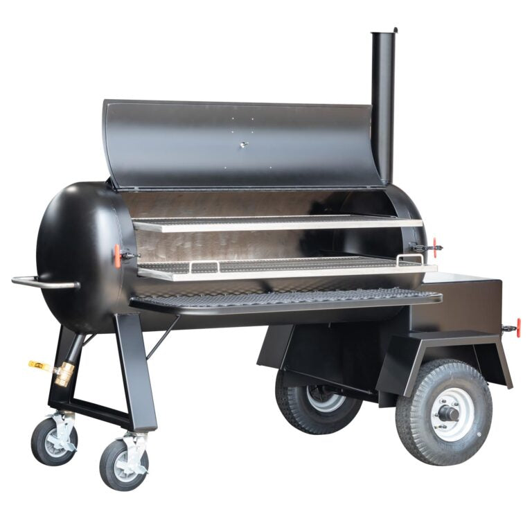 Black barbecue grill on wheels with a white background