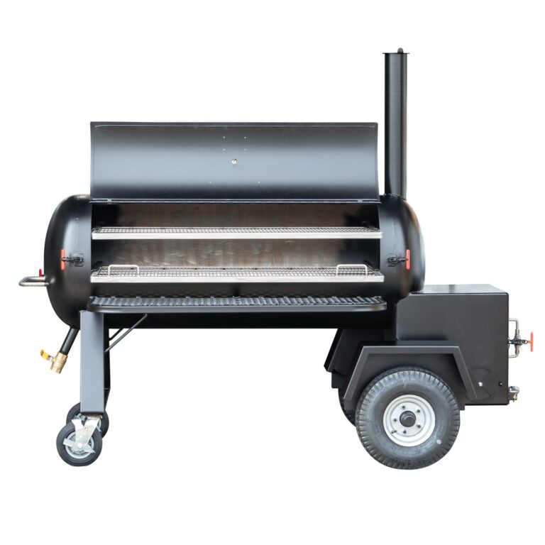 Black barbecue grill on wheels with a white background