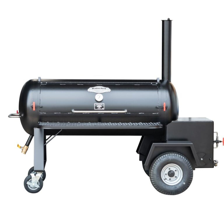 Black barbecue grill on wheels with a white background