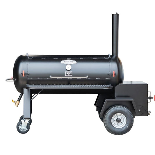 Black barbecue grill on wheels with a white background