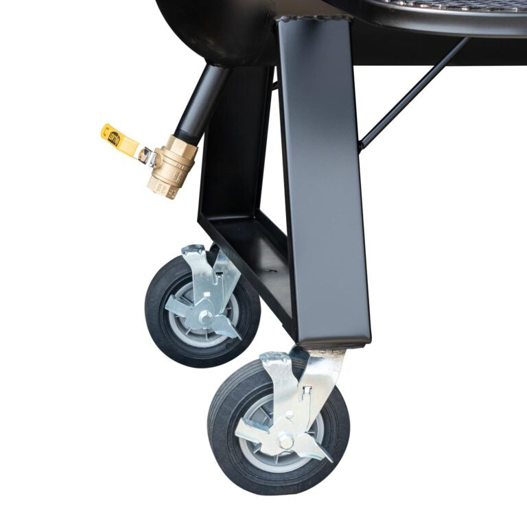 Close-up of a grill with wheels and a hose attachment on a white background