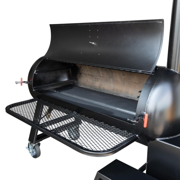 Black barbecue grill with open lid on a white background