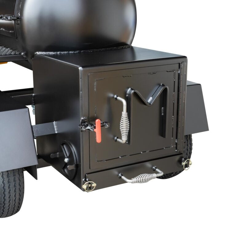 Black barbecue smoker with a closed door on a white background