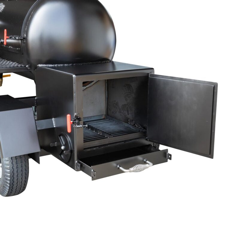 Black barbecue grill with open lid on a white background