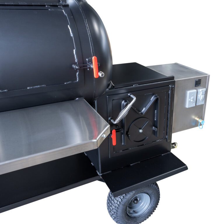 Black barbecue grill with open lid on a white background