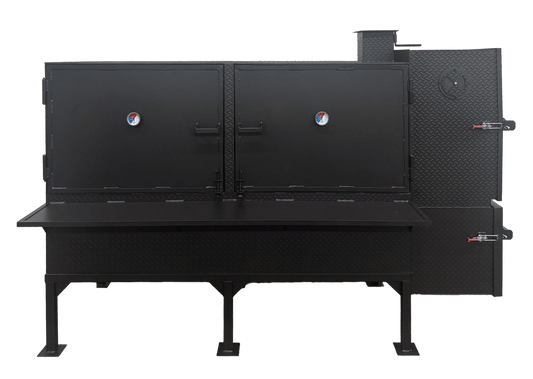 Large black cabinet smoker on stands with dual doors, firebox, and warming box for commercial smoking capacity