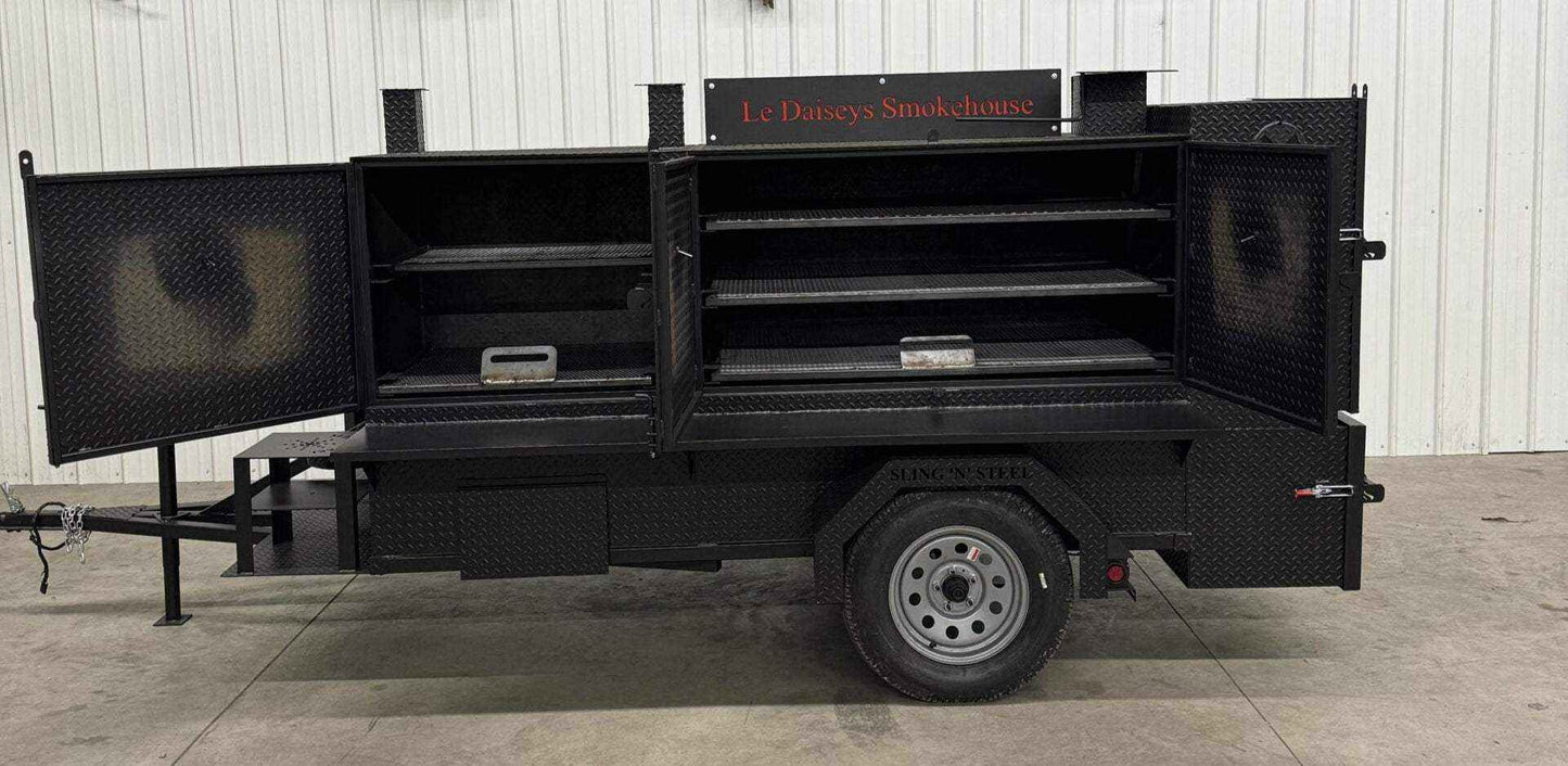 Custom charcoal grills with SNS 4060 smoker on a trailer for versatile catering and smoking needs
