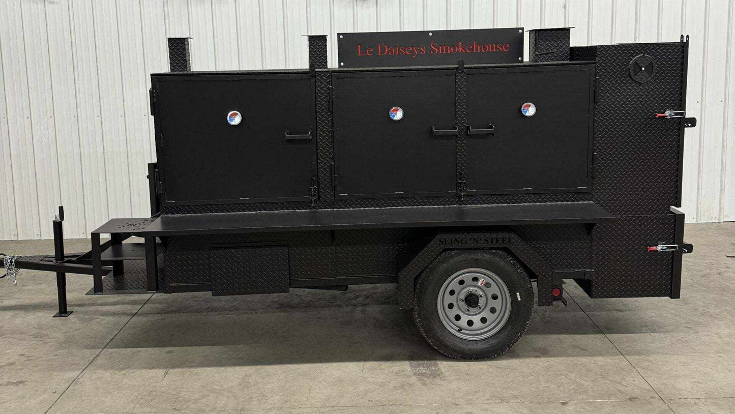 Custom charcoal grills with SNS 4060 smoker trailer for versatile catering and smoking