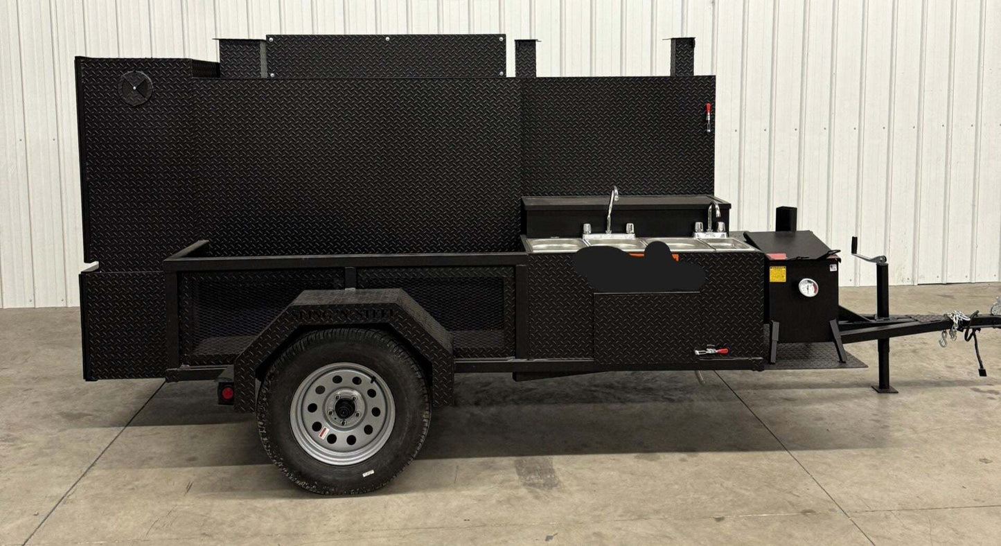 Custom charcoal grill catering trailer with SNS 4060 smoker for versatile outdoor cooking and catering businesses.