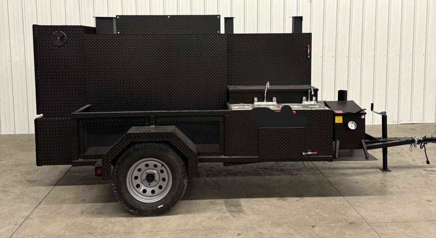 Custom charcoal grill with SNS 4060 smoker trailer for versatile catering and restaurant use