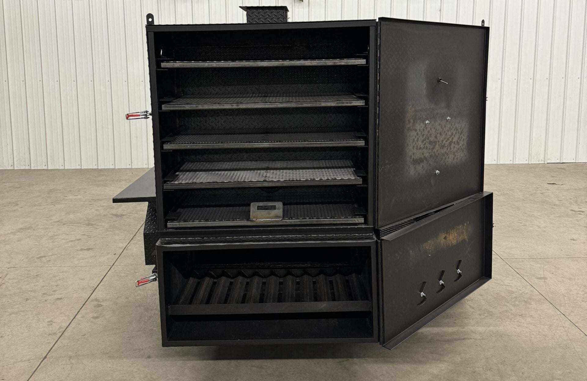 Custom charcoal grills with multiple racks and reverse flow smoker for versatile catering use