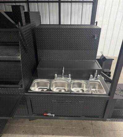 Reverse Smoker Ultimate Smokehouse 60 with roof, 4 bay sink, 36" griddle, XL charcoal grill, and insulated firebox