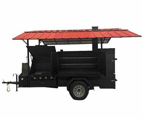 Reverse smoker Ultimate Smokehouse 60 with roof, sink, griddle, XL charcoal grill, multiple cooking racks, and warming box.