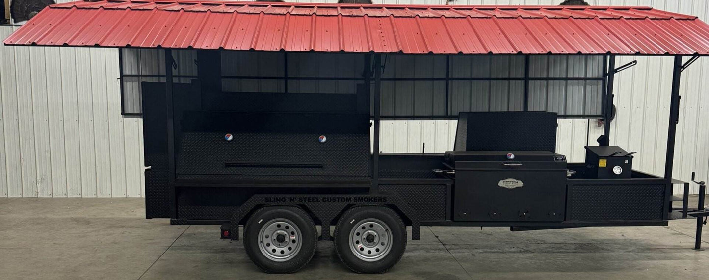 Black custom 72-inch ultimate smokehouse smoker on trailer with red metal roof, dual wheels, firebox, griddle, sink, and multiple cooking racks.