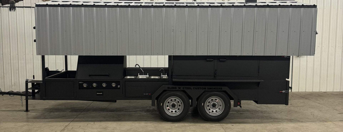 Commercial Smoker Custom Ultimate Smokehouse 72 with griddle and sink package on trailer with metal roof and black diamond tread steel body