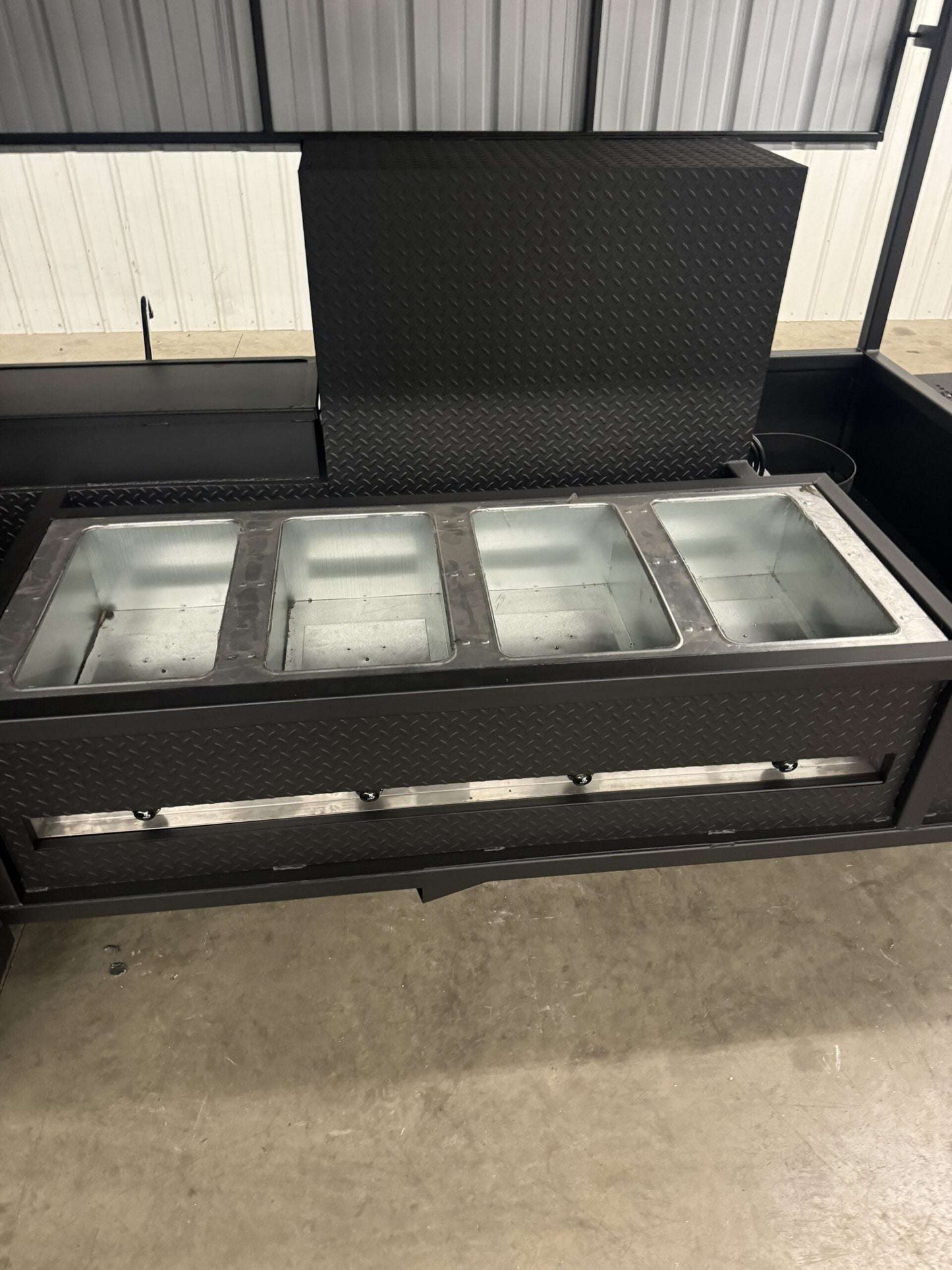 Commercial Smoker Custom Ultimate Smokehouse 72-inch with built-in four bay sink package and 36-inch griddle, featuring insulated firebox and reverse flow smoker design