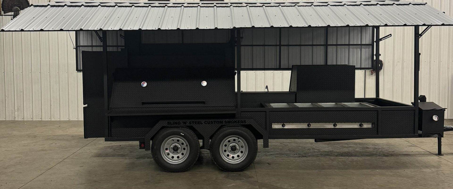 Commercial Smoker Custom Ultimate Smokehouse 72-inch trailer smoker with griddle, four-bay sink, charcoal grill, and insulated firebox under metal canopy.