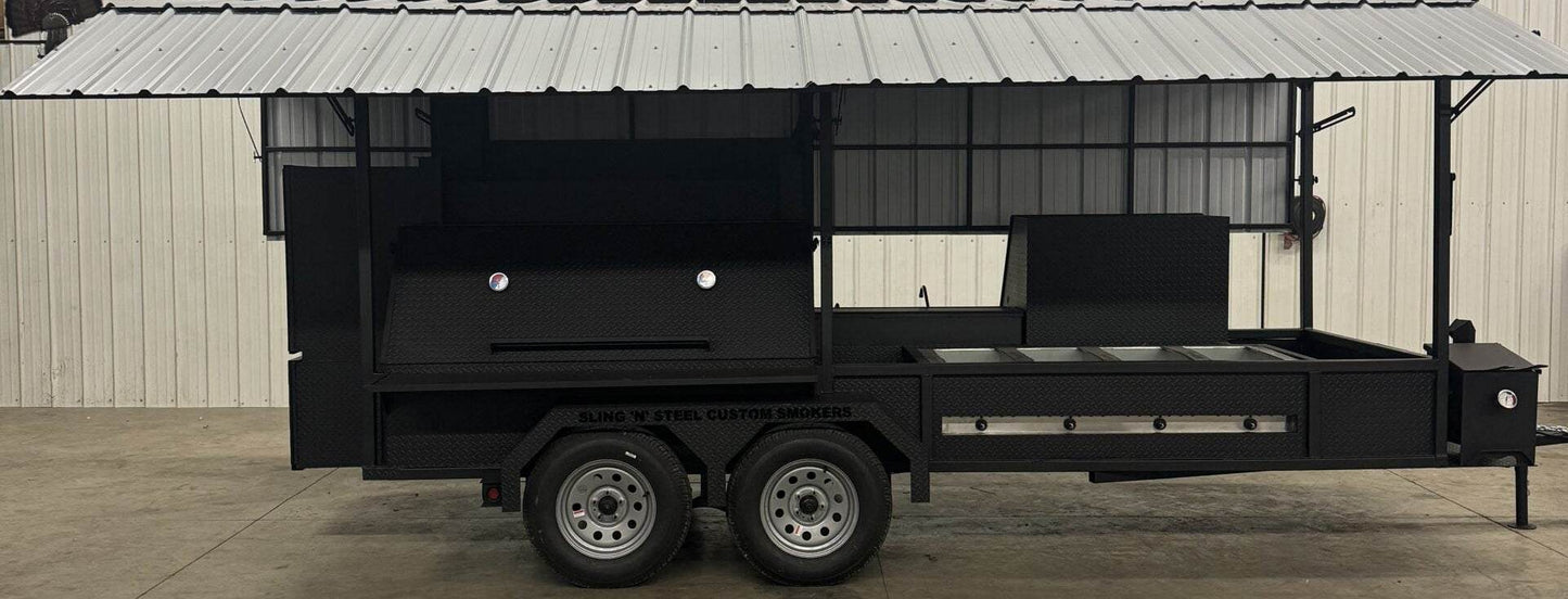 Commercial Smoker Custom Ultimate Smokehouse 72-inch trailer smoker with griddle, 4-bay sink, XL charcoal grill, and insulated firebox under metal roof