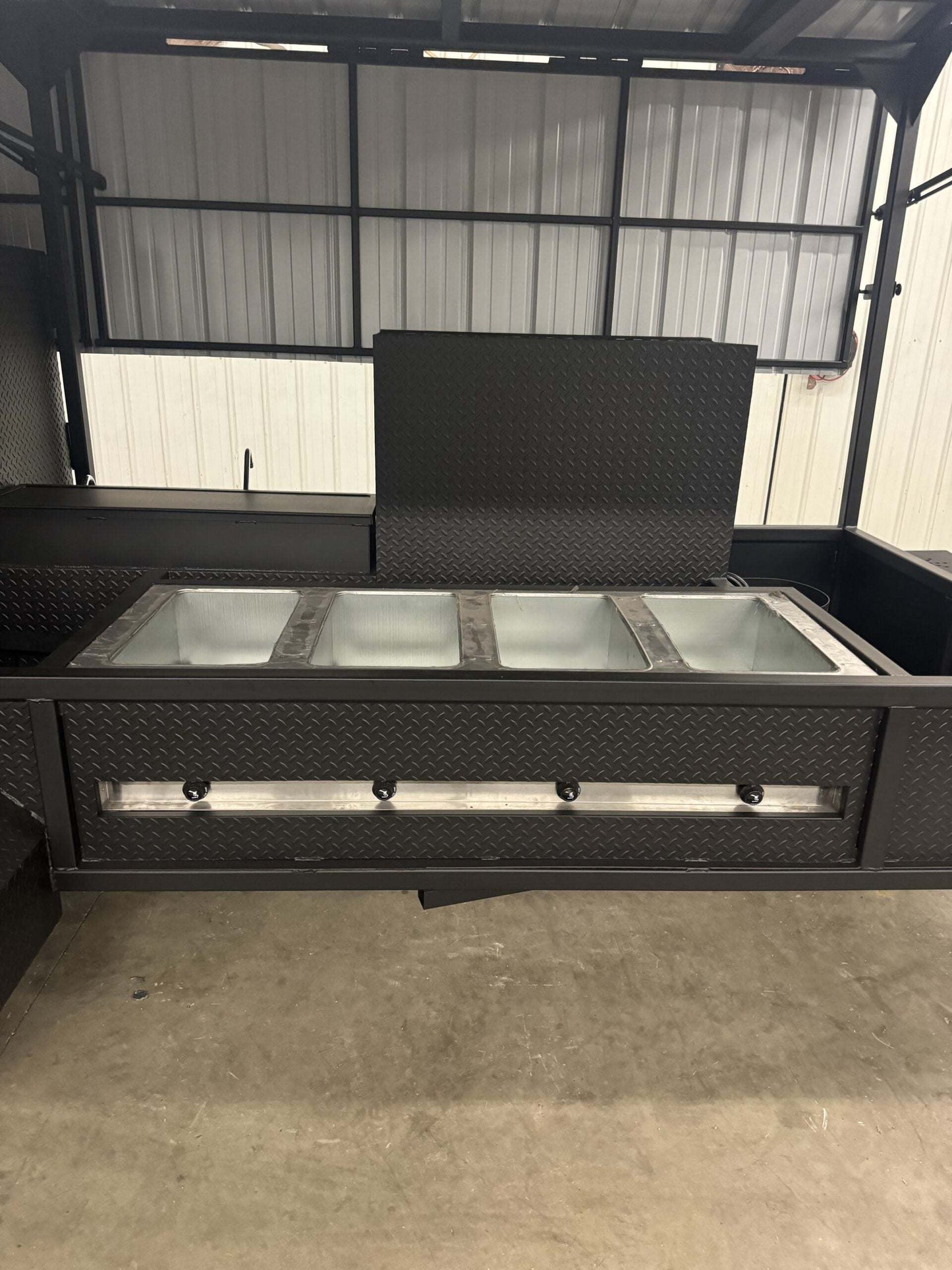 Commercial Smoker Custom Ultimate Smokehouse 72 with griddle, 4 bay sink package, XL charcoal grill, and steam table in black diamond tread steel design