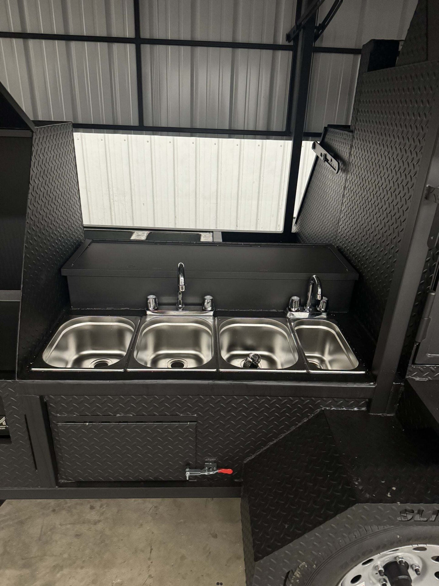 Commercial Smoker Custom Ultimate Smokehouse 72 with 4-bay stainless steel sink and black diamond tread steel exterior
