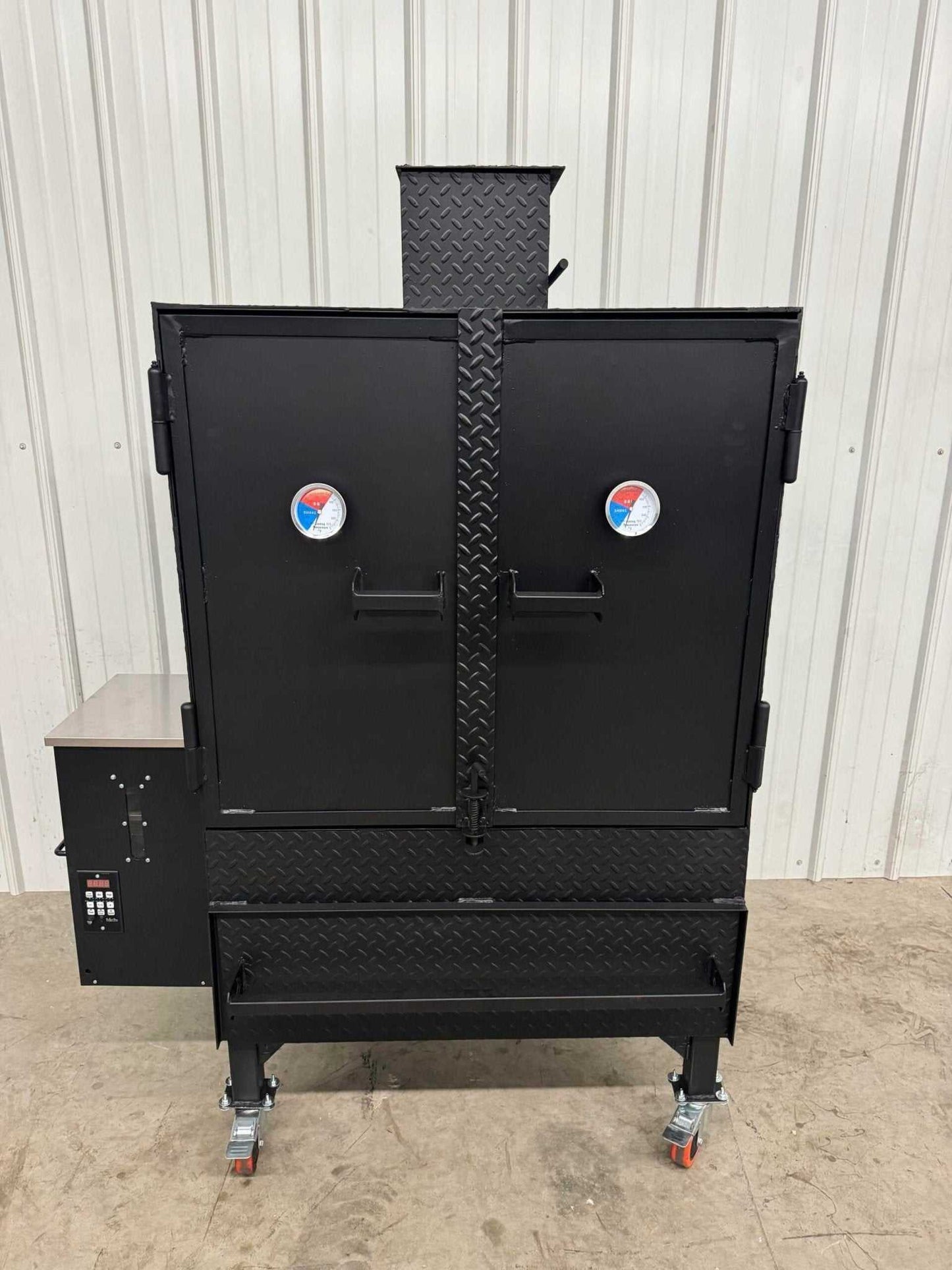 Commercial grade SNS Pellet Vault pellet smoker with dual doors, built-in thermometer gauges, and digital controller, designed for heavy-duty BBQ cooking and catering use