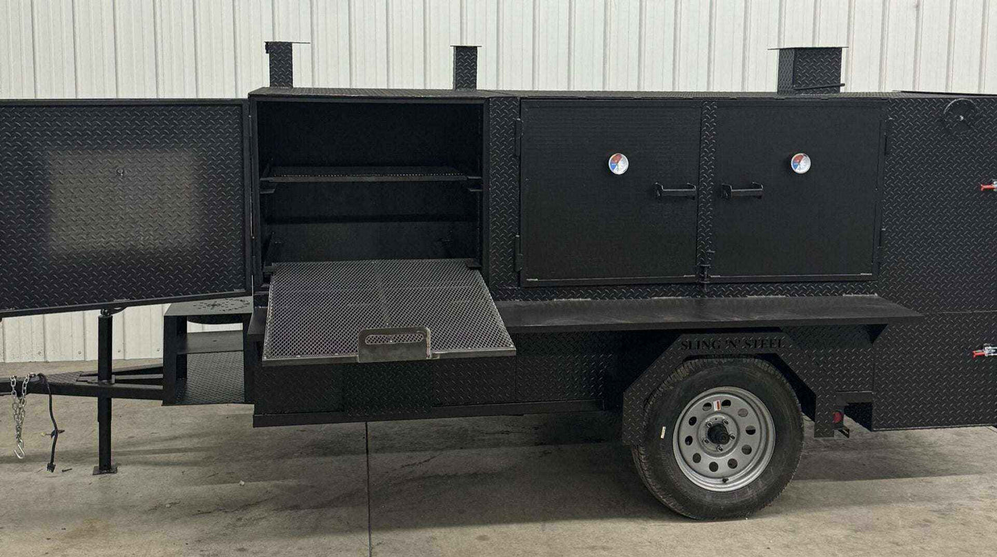 SNS 4060 Cabinet Smoker with multiple cooking racks and charcoal grill on a trailer for commercial catering use