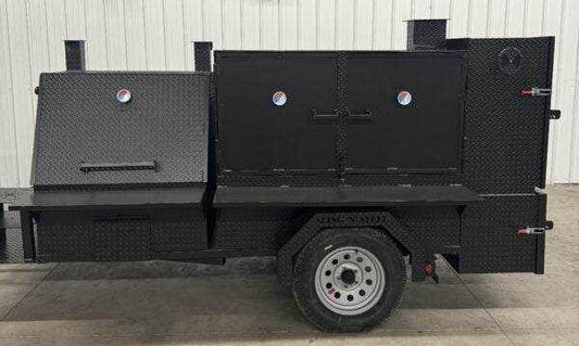 Smoker Grills SNS 4060 heavy-duty smoker with cabinet main chamber and storage on trailer with diamond tread steel exterior