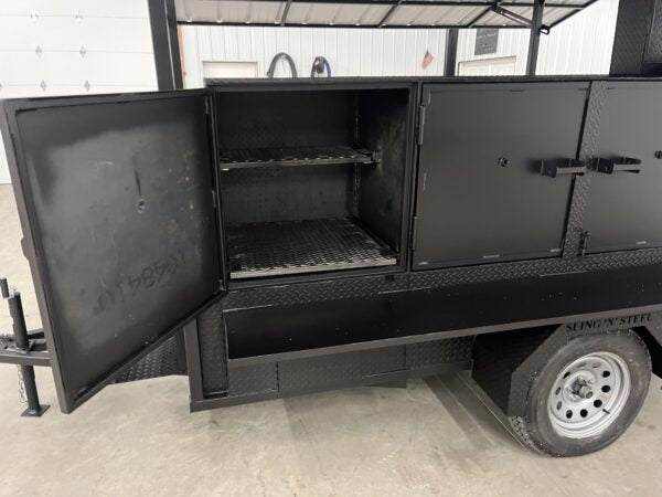 SNS 60 Cabinet Smoker commercial BBQ grill combo with sink and fold-down roof on trailer