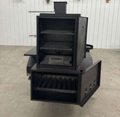 SNS 60 Cabinet smoker and charcoal grill with multiple racks for versatile catering use