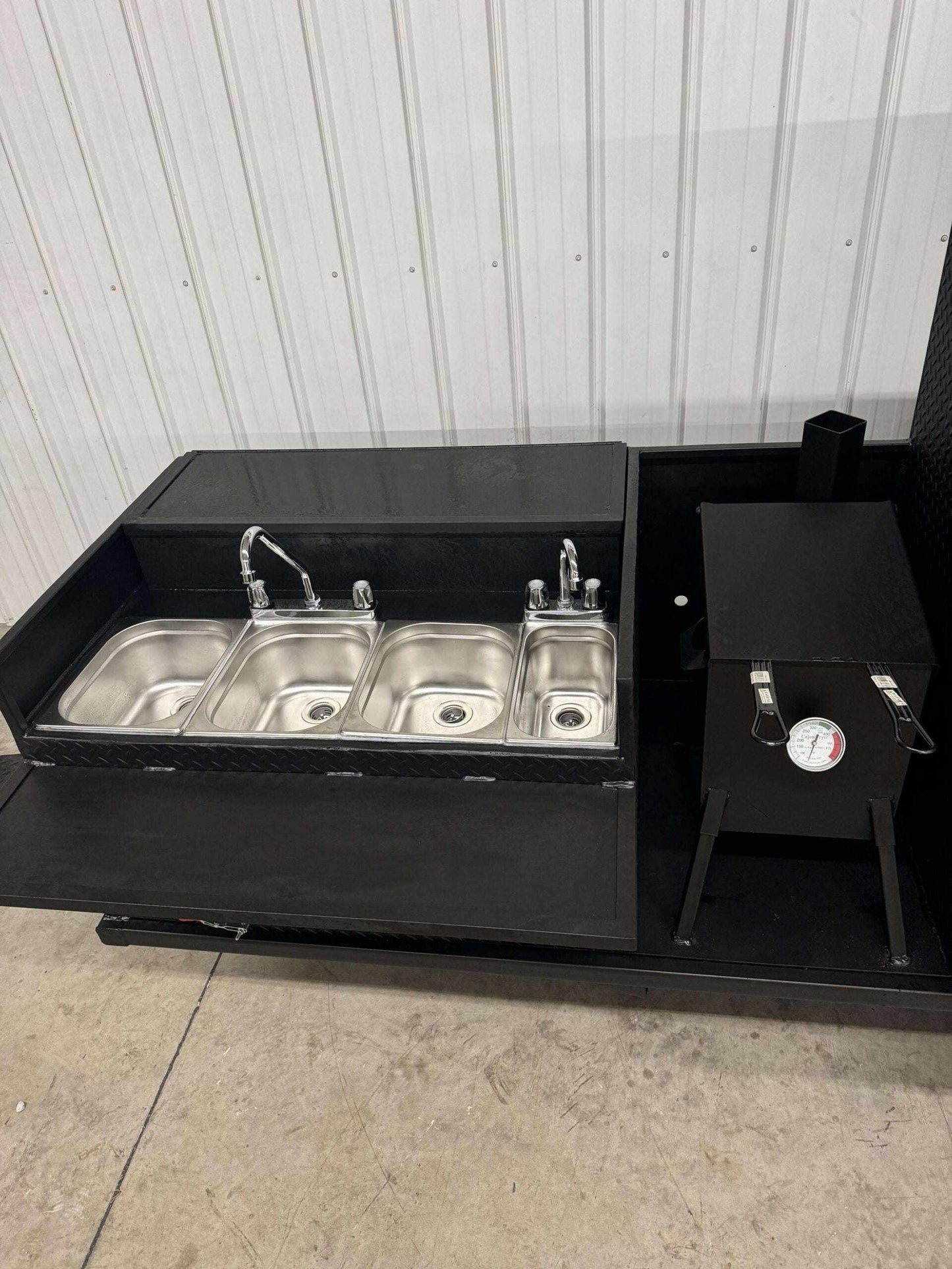 SNS 60 Cabinet with triple sink and attached deep fryer smoker unit in black diamond tread steel