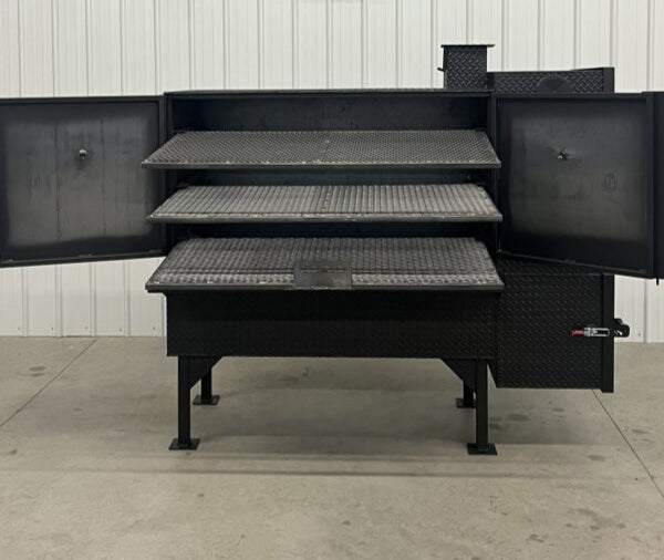 SNS 60 Concession Smoker Cabinet with three slide-out cooking racks and insulated firebox in black diamond tread steel