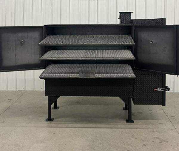 SNS 60 Concession Smoker cabinet with three slide-out cooking racks and insulated firebox for commercial smoking.