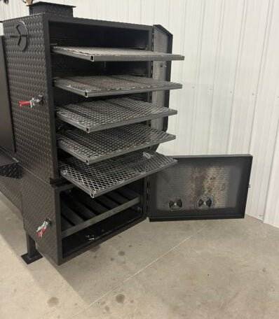 60-inch concession smoker cabinet with multiple slide-out cooking racks and insulated firebox in black diamond tread steel design