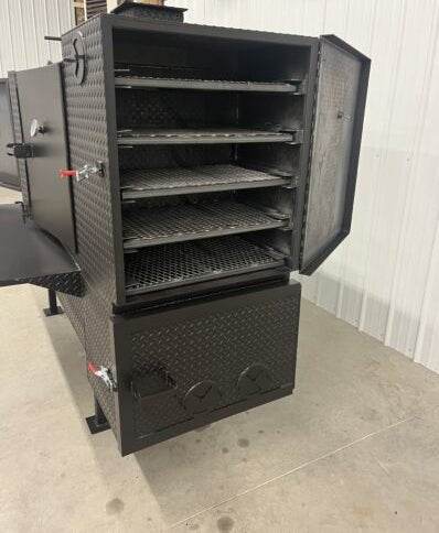 60-inch concession smoker cabinet with diamond tread steel, multiple slide-out racks, insulated firebox, and rib box for commercial cooking.