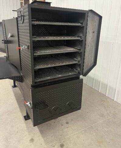 SNS 60 Concession Smoker cabinet with diamond tread steel, five cooking racks, reverse flow design, and large capacity for meats.