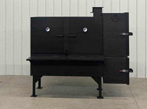 SNS 60 Concession Smoker black steel reverse flow smoker cabinet with insulated firebox and multiple cooking racks for commercial use
