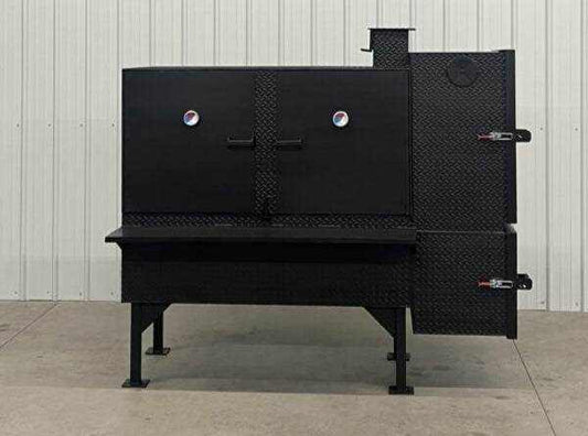 SNS 60 Concession Smoker black steel reverse flow smoker cabinet with insulated firebox and multiple cooking racks for commercial use
